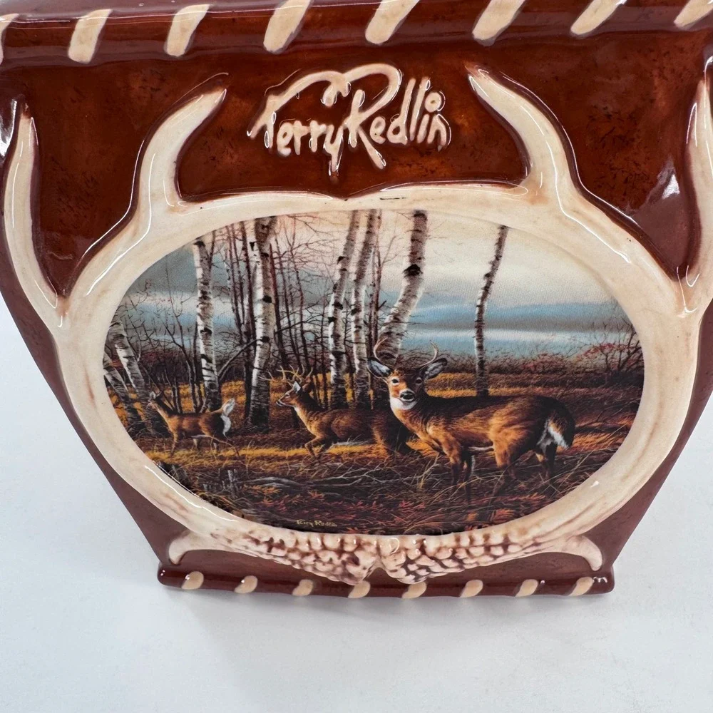 Terry Redlin Tissue Box Cover Wildlife Deer Ceramic Rustic Lodge‎ Cabin Brown